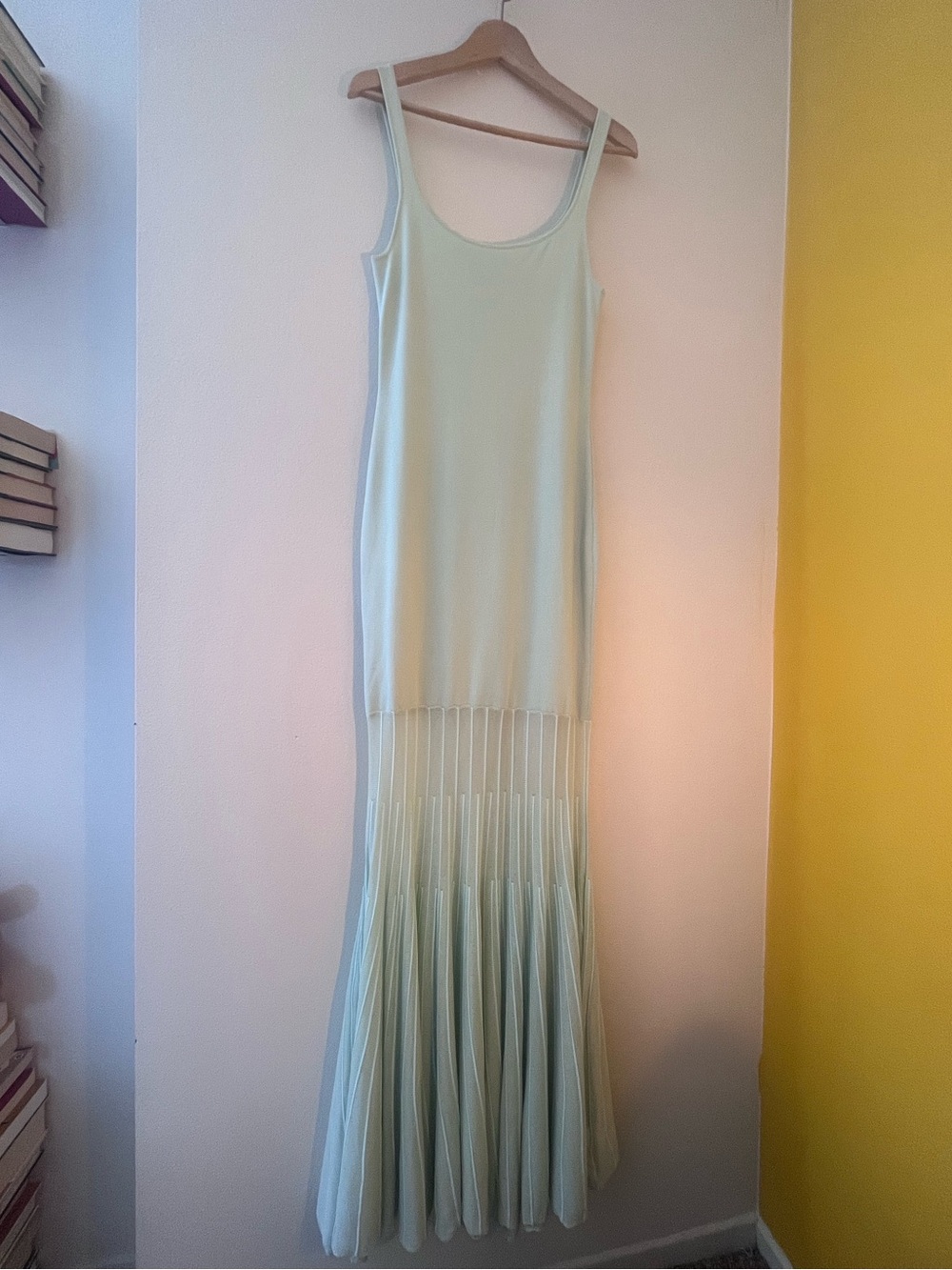 Sleeveless Pale Mint Maxi Dress with Pleated Sheer Hem